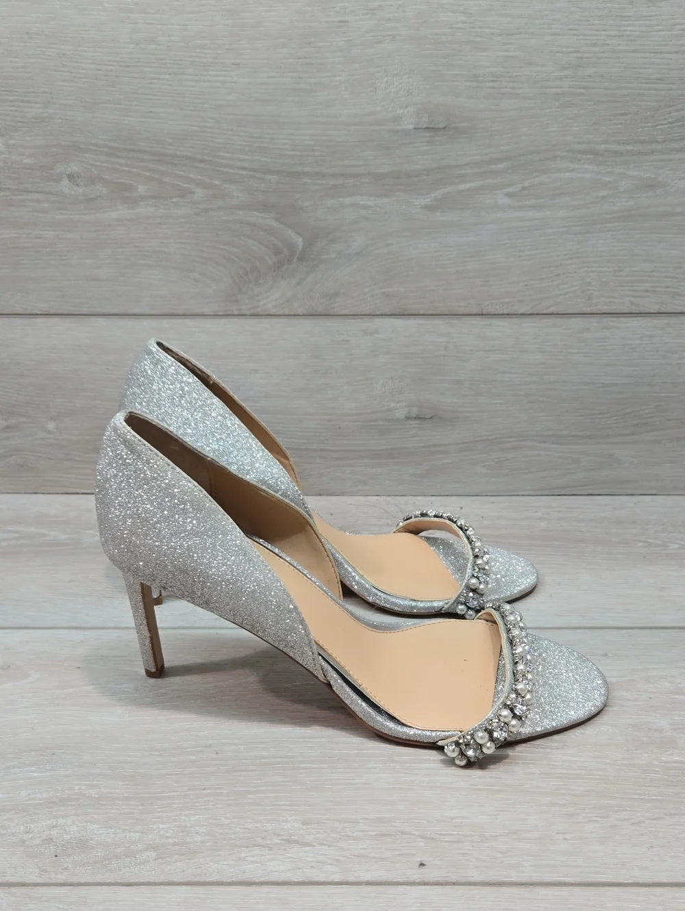 Jewel By Badgley Mischka Women Glitter OpenToe Heels Crystal Strap Shoes 9